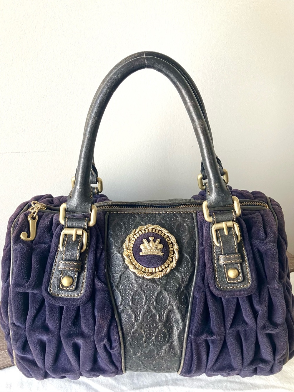 Juicy Couture Royal Crown Tufted Navy Blue Velvet & Lamb Leather Satchel Handbag